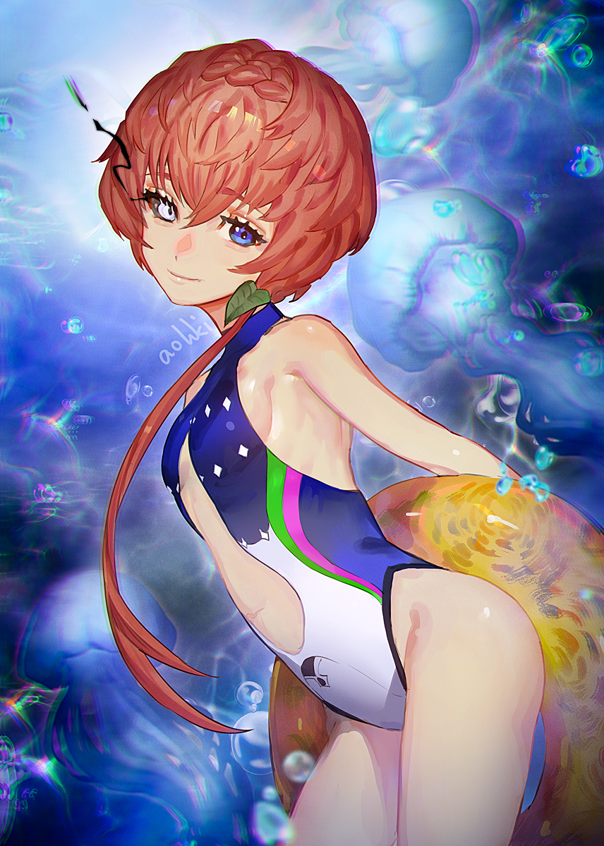 1girl bangs black_sclera blue_eyes blue_swimsuit braid breasts colored_sclera crown_braid fate/grand_order fate_(series) heterochromia highleg highleg_swimsuit highres innertube jellyfish long_hair looking_at_viewer one-piece_swimsuit orange_hair side_braid small_breasts smile solo swimsuit van_gogh_(fate) waterstaring white_eyes white_swimsuit