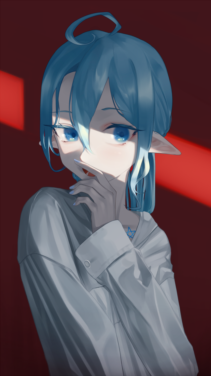 1girl ahoge blue_eyes blue_hair blue_nails blue_pupils commentary_request hair_between_eyes hand_up highres korean_commentary litra_(ltr0312) long_hair long_sleeves looking_at_viewer open_mouth original pentagram pointy_ears red_background shirt solo upper_body white_shirt