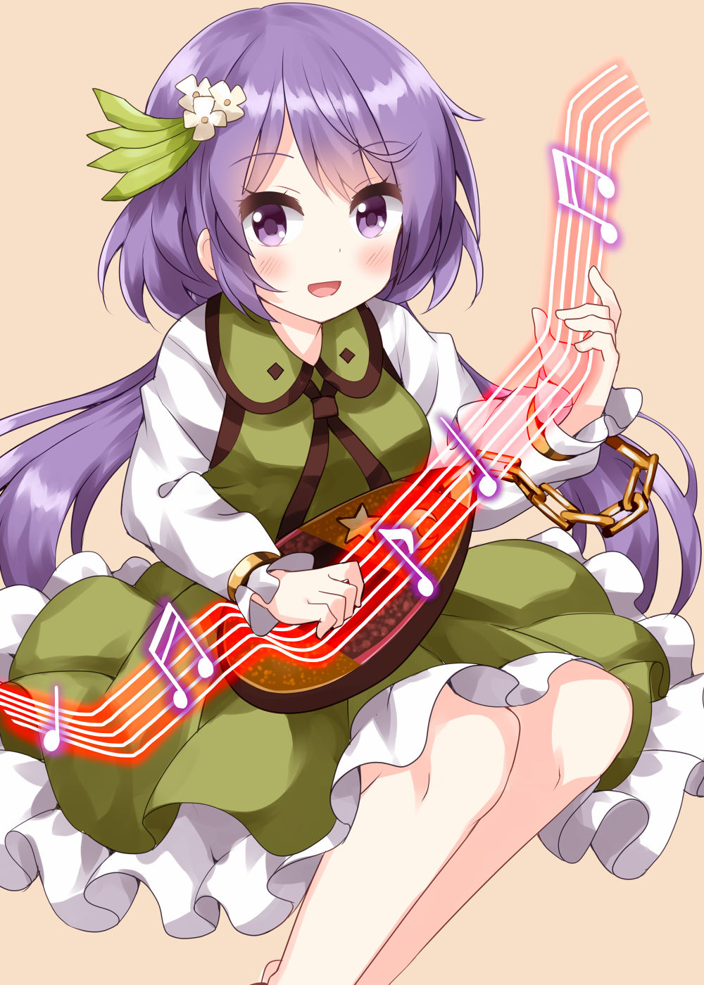 1girl :d bangs beamed_eighth_notes biwa_lute chain dress eighth_note eyebrows_visible_through_hair flower frilled_dress frills hair_flower hair_ornament highres instrument leaf long_hair long_sleeves looking_at_viewer lute_(instrument) music musical_note open_mouth playing_instrument purple_hair quarter_note ruu_(tksymkw) shirt simple_background smile solo star_(symbol) touhou tsukumo_benben violet_eyes white_flower yellow_background yellow_shirt