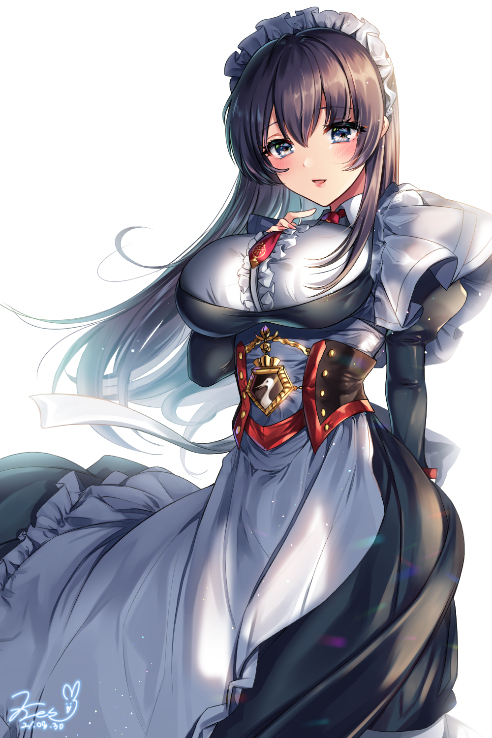 1girl apron azur_lane black_dress blue_eyes breasts brown_hair center_frills curacoa_(azur_lane) dated dress frilled_apron frilled_hairband frills hairband highres large_breasts long_hair looking_at_viewer maid_headdress necktie red_neckwear signature simple_background solo white_apron white_background xes_(xes_5377)