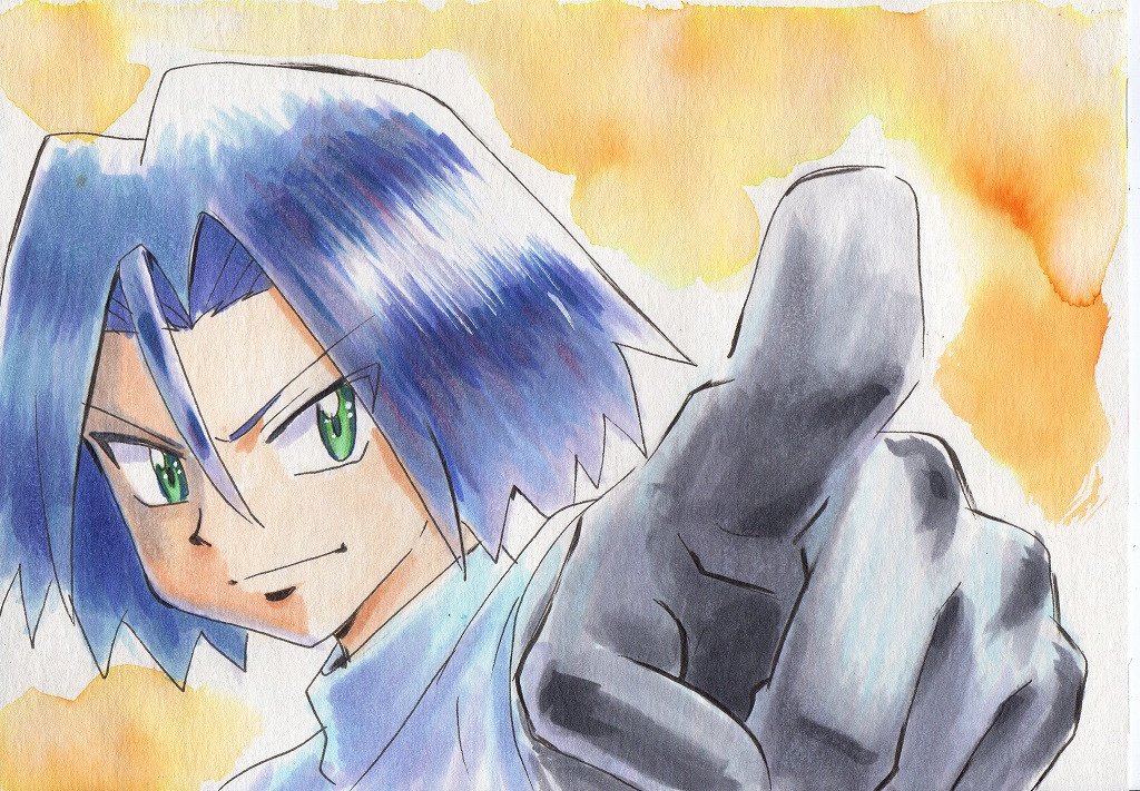 1boy blue_hair gloves green_eyes iwane_masaaki james_(pokemon) male_focus orange_background pointing pokemon pokemon_(anime) portrait