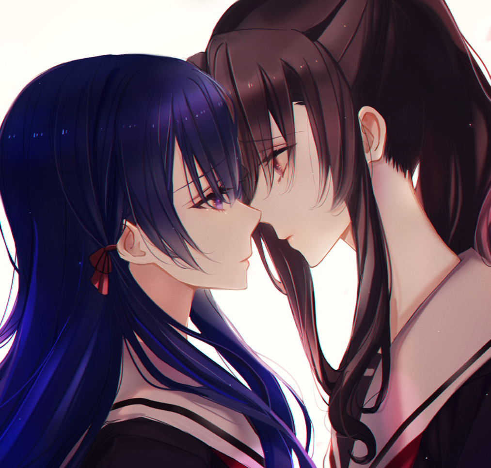 2girls akikaze_rui bangs beige_background black_shirt blackfangs blue_hair brown_eyes brown_hair chinese_commentary closed_mouth commentary_request eye_contact eyebrows_visible_through_hair face-to-face from_side gradient gradient_background hair_between_eyes hair_ribbon light_particles long_hair looking_at_another mixed-language_commentary multicolored_hair multiple_girls ponytail profile purple_hair red_ribbon ribbon rinmeikan_girls_school_uniform sailor_collar school_uniform serafuku shirt shoujo_kageki_revue_starlight shoujo_kageki_revue_starlight_-re_live- sidelocks tomoe_tamao two-tone_hair upper_body violet_eyes white_background white_sailor_collar yuri