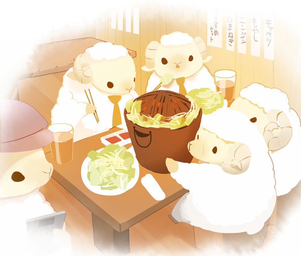 alcohol beer cannibalism chai chopsticks indoors izakaya lamb necktie no_humans original plate sheep sitting table