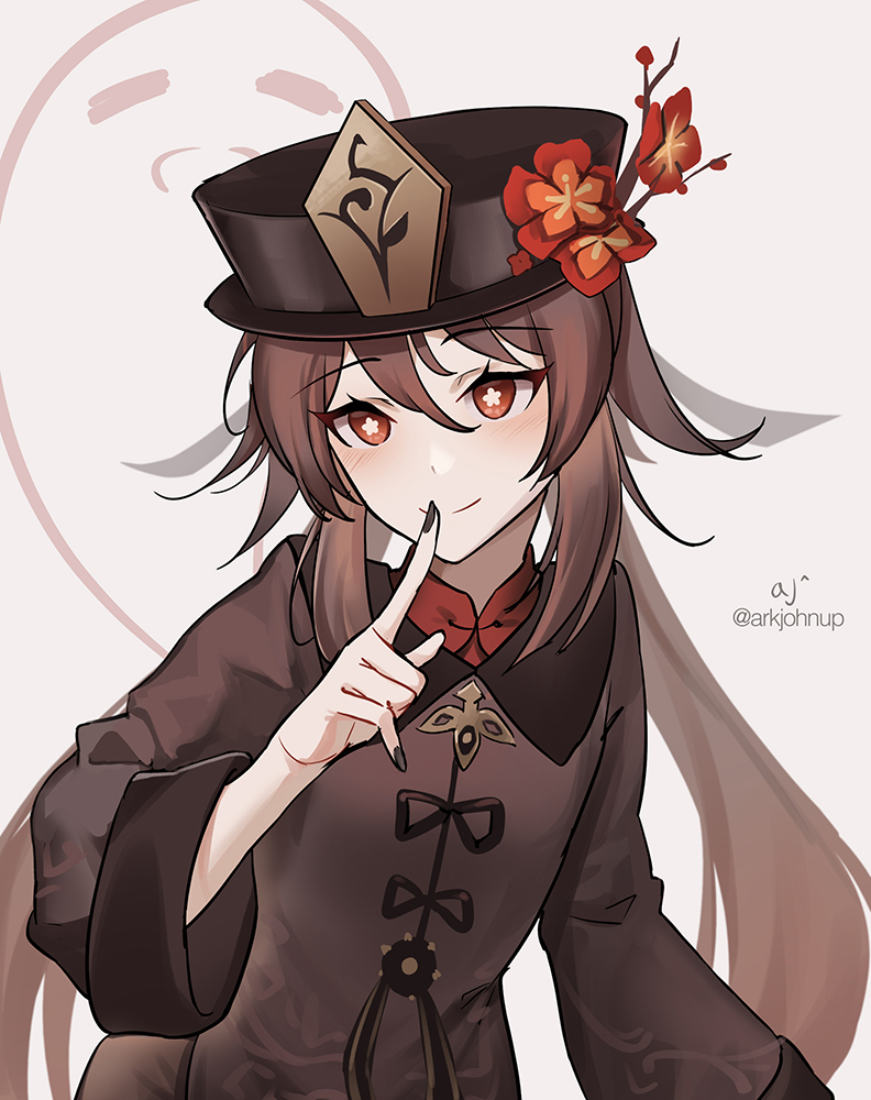 1girl :d ark_john_up bangs black_nails brown_hair chinese_clothes commentary_request eyebrows_visible_through_hair flower genshin_impact ghost hair_between_eyes hat hat_flower hat_ornament hu_tao_(genshin_impact) index_finger_raised long_hair long_sleeves looking_at_viewer open_mouth red_eyes sidelocks smile symbol-shaped_pupils twintails twitter_username white_background wide_sleeves