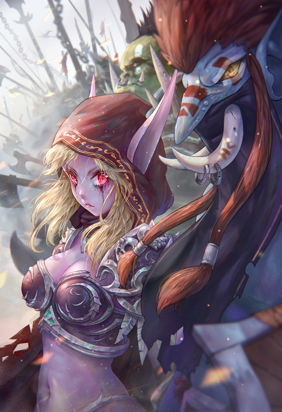 1girl 6+boys armor cloak colored_skin elf highres hood hooded_cloak jay_xu multiple_boys multiple_others orc pink_skin pointy_ears red_eyes shoulder_armor spikes sylvanas_windrunner troll undead warcraft weapon world_of_warcraft