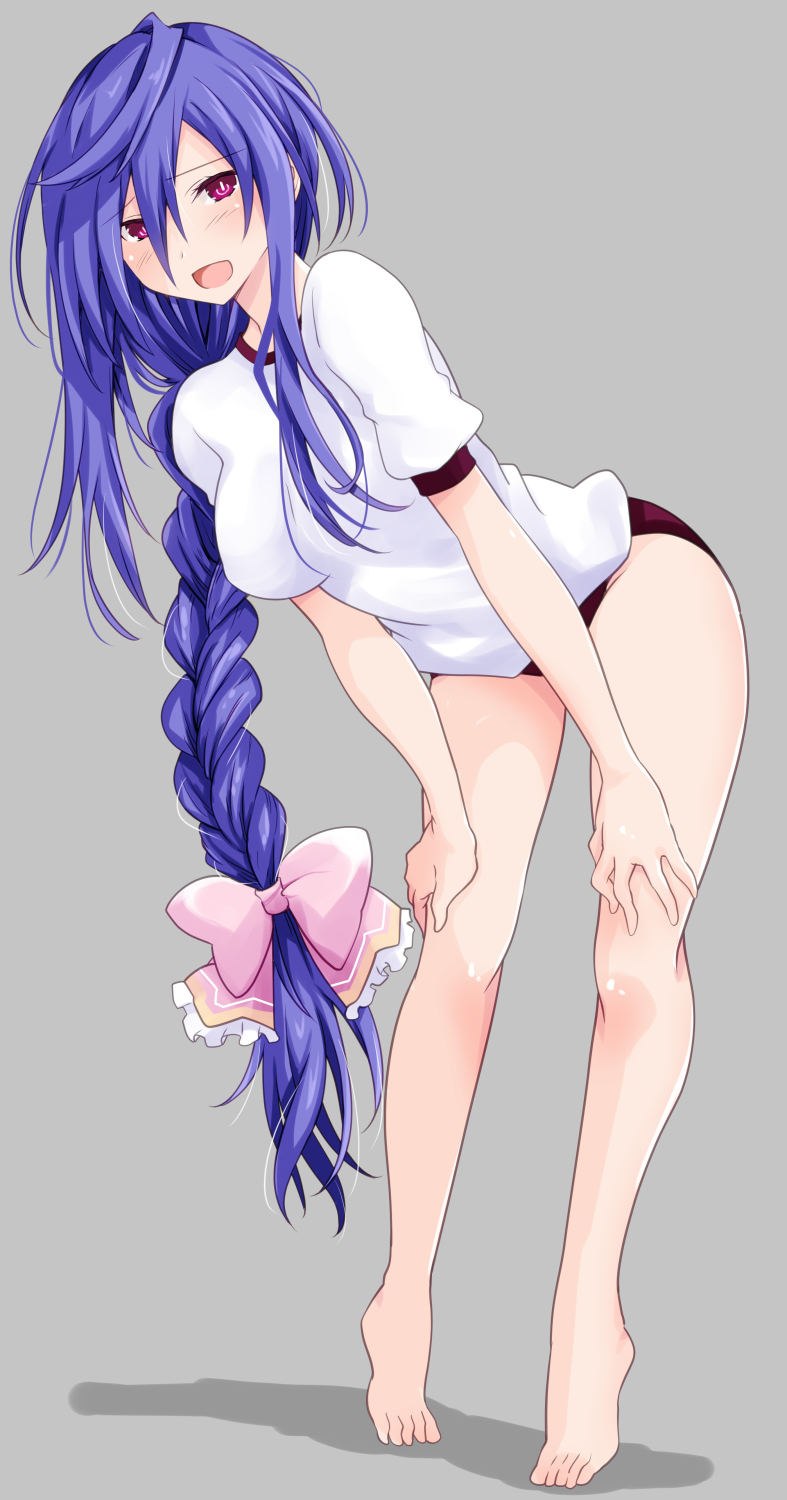 1girl alternate_hairstyle bare_legs barefoot bent_over blue_hair blush braid breasts buruma eyebrows_visible_through_hair full_body grey_background hair_ribbon highres iris_heart iwashi_dorobou_-r- kami_jigen_game_neptune_v long_hair looking_at_viewer neptune_(series) open_mouth power_symbol red_eyes ribbon shadow shirt single_braid smile solo sportswear symbol-shaped_pupils very_long_hair violet_eyes white_shirt