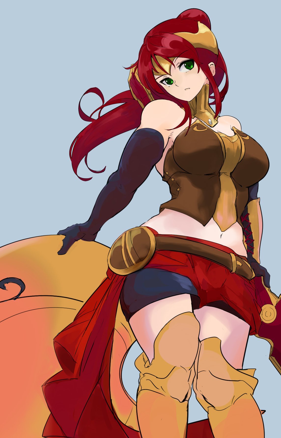 1girl bare_shoulders breasts closed_mouth elbow_gloves gloves green_eyes highres long_hair looking_at_viewer navel ponytail pyrrha_nikos redhead rwby shousetsu simple_background solo thigh-highs very_long_hair