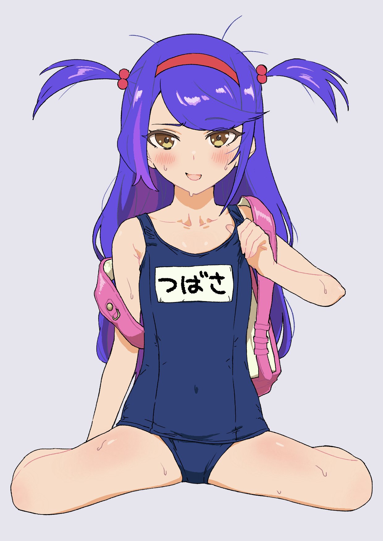 1girl :d backpack bag bangs blue_hair blush brown_eyes copyright_request covered_navel flat_chest full_body grey_background hair_bobbles hair_ornament hairband hand_up highres long_hair looking_at_viewer multicolored_hair name_tag one-piece_swimsuit open_mouth osame pink_bag purple_hair randoseru red_hairband school_swimsuit simple_background sitting smile solo streaked_hair sweat swept_bangs swimsuit two_side_up wariza