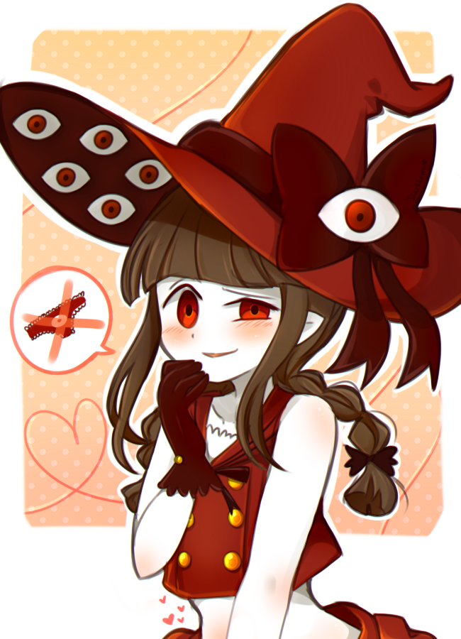 1girl bangs belly blush bow braid brown_hair buttons colored_skin darklephise extra_eyes funamusea gloves gradient gradient_background hand_on_own_chin hat hat_bow heart long_hair orange_background panties red_bow red_eyes red_gloves red_headwear red_panties red_shirt shirt simple_background smile solo speech_bubble third_eye twin_braids underwear wadanohara white_background white_skin witch_hat