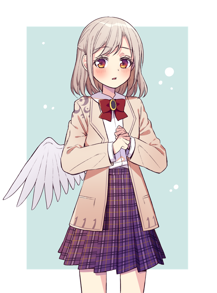 1girl alternate_costume angel_wings beige_jacket blush bow bowtie braid brown_eyes collared_shirt commentary_request eyebrows_visible_through_hair french_braid hair_between_eyes kishin_sagume long_sleeves looking_at_viewer open_mouth plaid plaid_skirt purple_skirt red_neckwear shirt short_hair silver_hair single_wing skirt solo touhou touya_(konpekitou) white_shirt wings