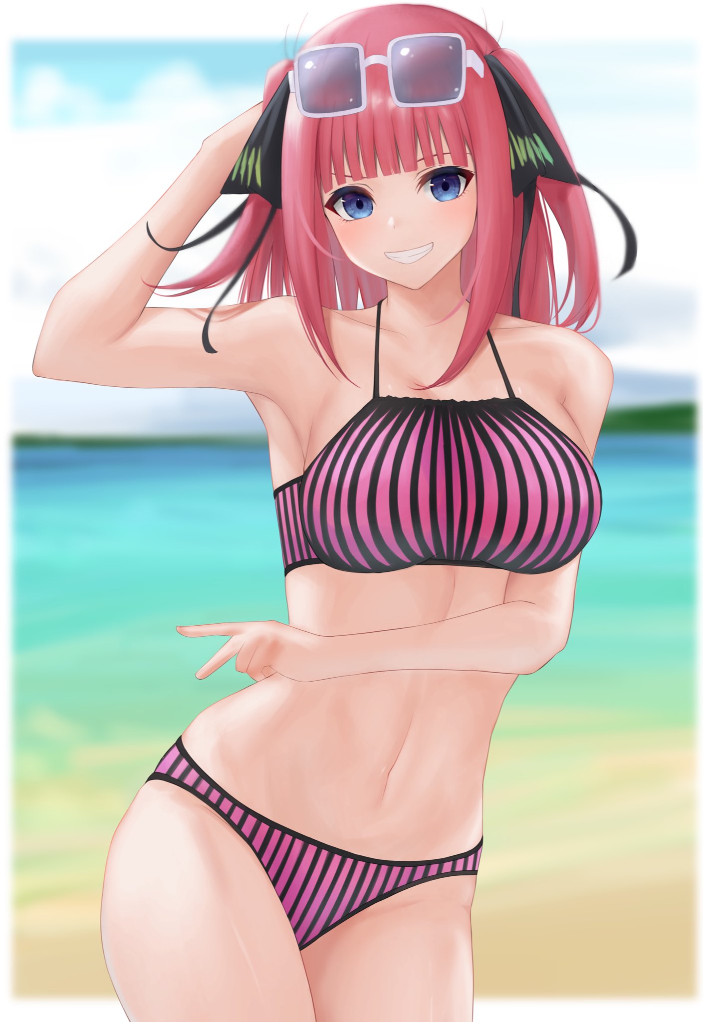 1girl bare_legs bare_shoulders beach black_ribbon blue_eyes blush breasts butterfly_hair_ornament collarbone eyebrows_behind_hair go-toubun_no_hanayome grin hair_ornament highres large_breasts legsta looking_at_viewer nakano_nino navel ocean outdoors pink_hair pink_swimsuit raised_eyebrow ribbon simple_background smile stomach swimsuit twintails v