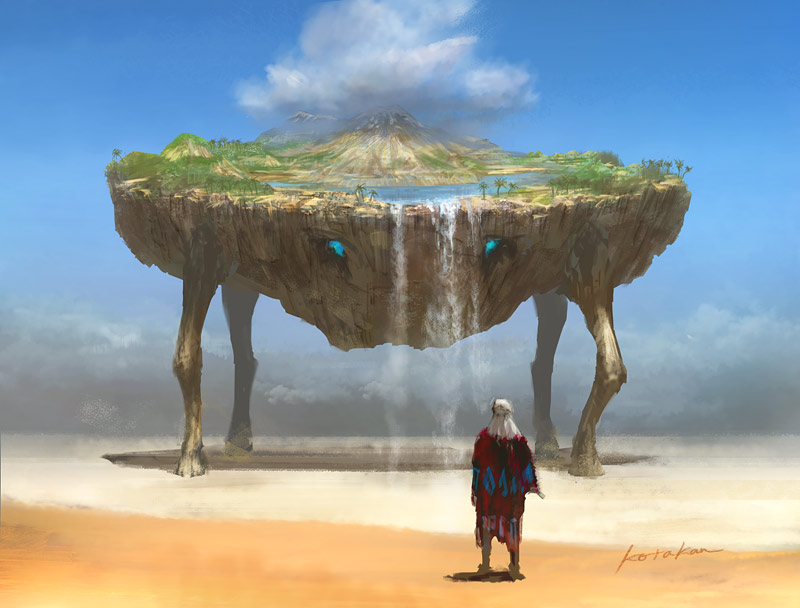 ambiguous_gender blue_sky clouds commentary creature desert fantasy k-takano oasis original scenery signature sky standing water waterfall white_hair