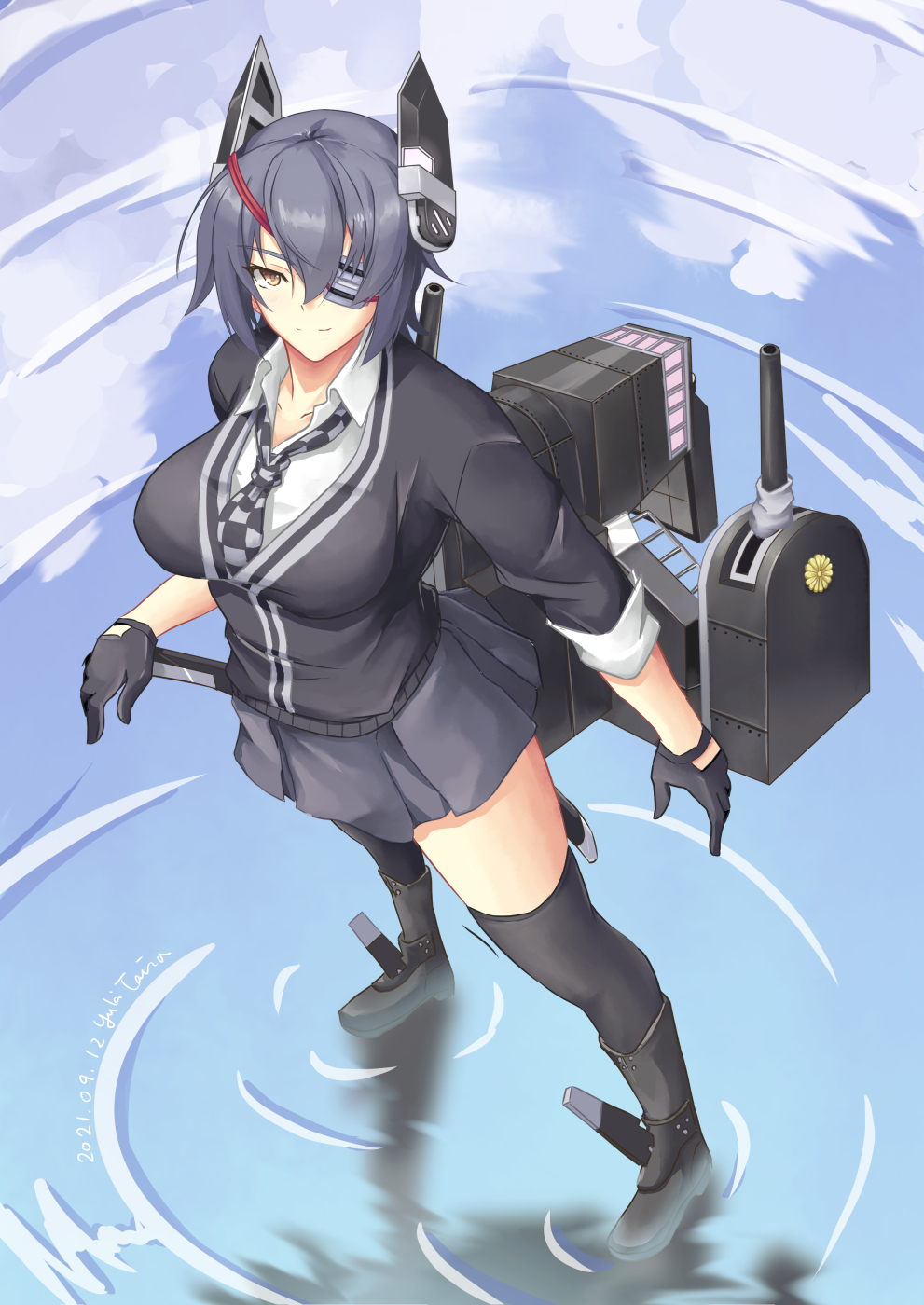 1girl black_footwear black_gloves black_sweater boots breasts cannon checkered checkered_neckwear clouds commentary_request eyepatch full_body gloves grey_skirt headgear highres kantai_collection large_breasts machinery necktie partially_fingerless_gloves pleated_skirt purple_hair reflection rudder_footwear school_uniform short_hair skirt solo standing standing_on_liquid sweater taira_yuuki tenryuu_(kancolle) thigh-highs turret yellow_eyes