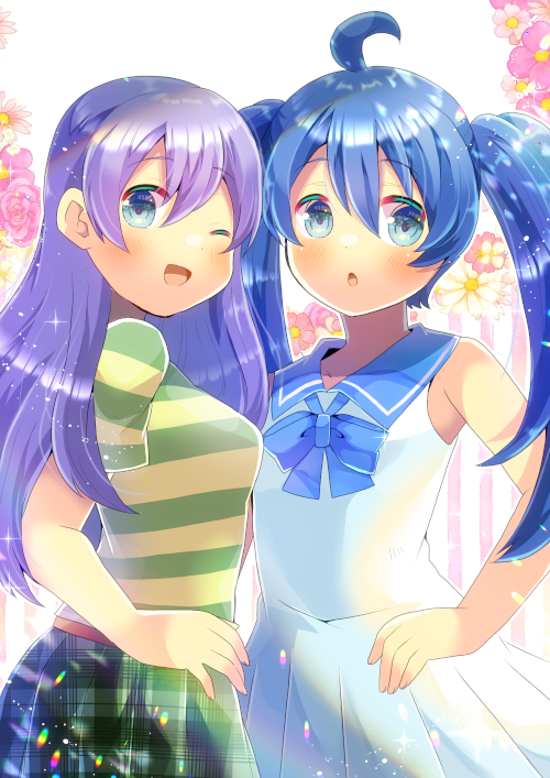 2girls ;d ahoge bangs bare_arms bare_shoulders blue_bow blue_eyes blue_hair blue_sailor_collar bow commentary_request dress eyebrows_visible_through_hair floral_background green_skirt hair_between_eyes hand_on_hip kou_hiyoyo multiple_girls one_eye_closed open_mouth original parted_lips plaid plaid_skirt pleated_skirt purple_hair sailor_collar shirt short_sleeves skirt sleeveless sleeveless_dress smile striped striped_shirt twintails white_background white_dress