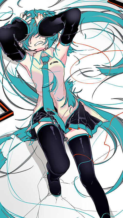 1girl absurdly_long_hair aqua_eyes aqua_hair aqua_neckwear arms_up bare_shoulders black_legwear black_skirt black_sleeves clenched_teeth commentary covering_eyes cracked_floor crying detached_sleeves grey_shirt hair_ornament hair_ornament_removed hatsune_miku headset knee_up long_hair lying miniskirt necktie on_back pleated_skirt shirt skirt sleeveless sleeveless_shirt solo tears teeth thigh-highs twintails very_long_hair vocaloid wokichi zettai_ryouiki