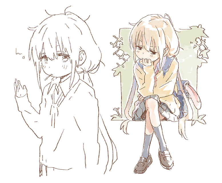 1girl :/ arm_at_side backpack bag bangs beige_cardigan blonde_hair blue_bag brown_eyes brown_footwear cardigan closed_mouth crossed_legs elbow_rest expressionless from_side full_body futaba_anzu grey_legwear grey_skirt hair_between_eyes half-closed_eyes hand_on_lap hand_up head_rest idolmaster idolmaster_cinderella_girls kneehighs leaning_forward loafers long_hair long_sleeves looking_at_viewer looking_to_the_side low_twintails matsuo_yuusuke mouth_hold multiple_views neck_ribbon partially_colored pleated_skirt red_neckwear ribbon school_uniform shoes sidelocks simple_background skirt sleeves_past_wrists standing tareme twintails upper_body very_long_hair waving white_background wing_collar yellow_cardigan