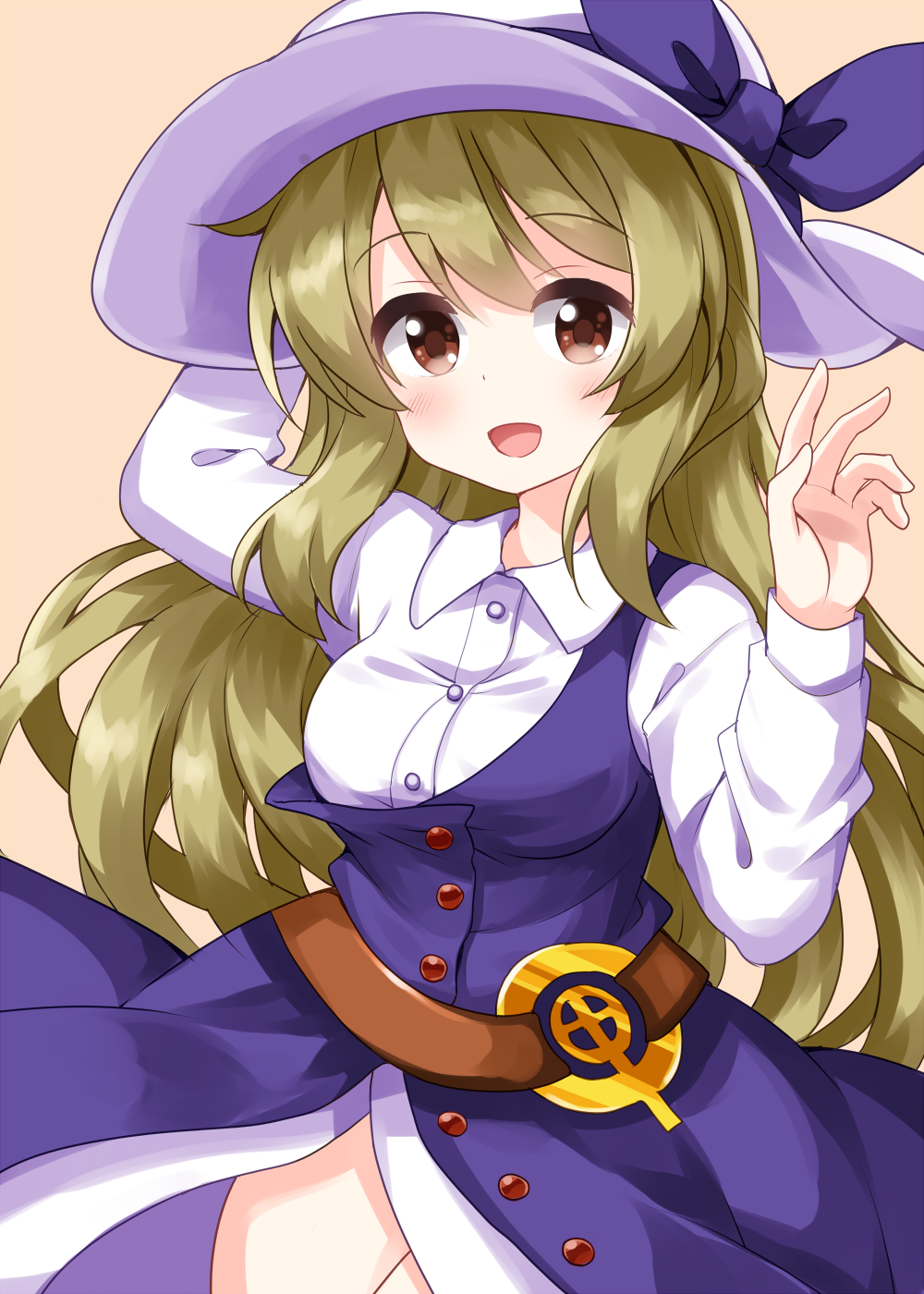 1girl :d bangs blonde_hair blue_dress brown_eyes cowboy_shot dress eyebrows_visible_through_hair hand_on_headwear hat hat_ribbon highres long_hair long_sleeves looking_at_viewer open_mouth purple_ribbon ribbon ruu_(tksymkw) simple_background single_strap smile solo standing touhou watatsuki_no_toyohime white_headwear yellow_background