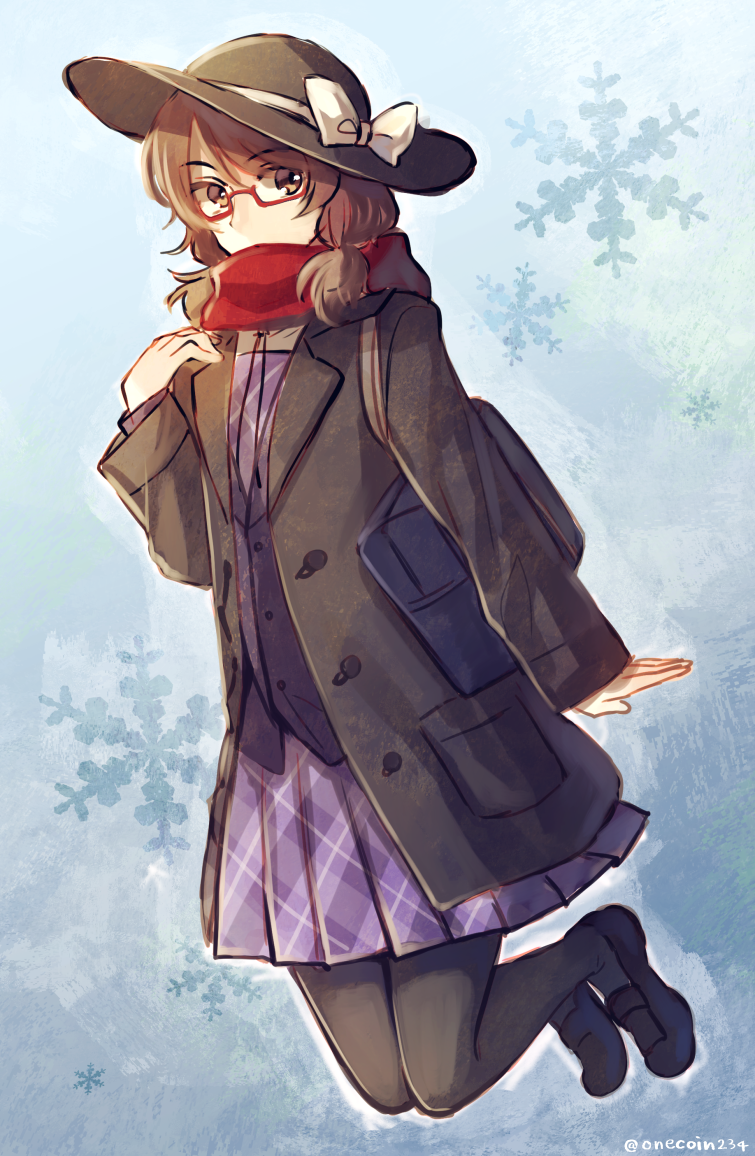 1girl alternate_costume bag bow brown_hair coat glasses hat hat_bow kaede_(mmkeyy) loafers plaid plaid_skirt plaid_vest red_scarf scarf school_bag school_uniform shoes short_twintails skirt snowflakes solo touhou twintails usami_sumireko vest winter_clothes