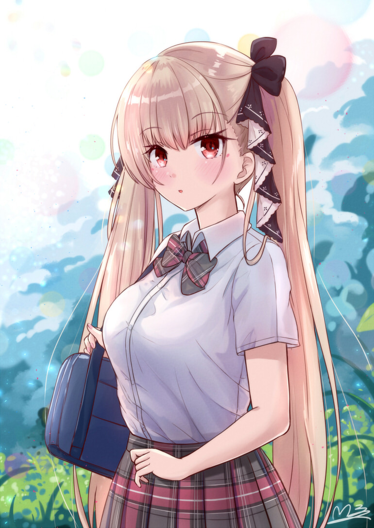 1girl alternate_costume azur_lane bag black_ribbon breasts eyebrows_visible_through_hair formidable_(azur_lane) hair_ribbon large_breasts light_brown_hair long_hair looking_at_viewer m_ko_(maxft2) miniskirt plaid plaid_skirt red_eyes ribbon school_bag school_uniform shirt short_sleeves skirt solo twintails uniform upper_body very_long_hair white_shirt