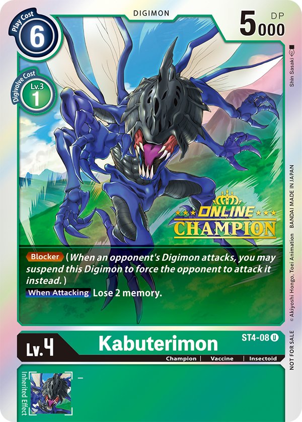 card_(medium) character_name copyright_name digimon english_text extra_arms flying insect_wings kabuterimon kinoko_(sasaki_shin) no_humans official_art open_hands open_mouth wings