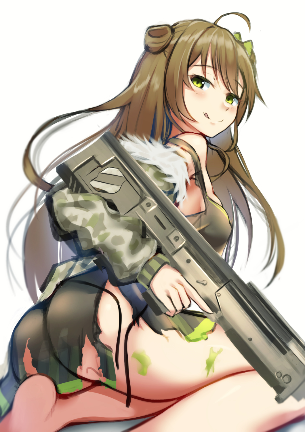 1girl ass black_shirt blush bow camouflage camouflage_jacket closed_mouth double_bun eyebrows_visible_through_hair feet fur-trimmed_jacket fur_trim girls_frontline green_eyes hair_bow highres holding holding_weapon jacket jacket_pull legs light_brown_hair lodbyy long_hair looking_at_viewer looking_to_the_side no_shoes rfb_(girls'_frontline) shirt sitting smile soles solo thighs tongue tongue_out torn_clothes weapon white_background