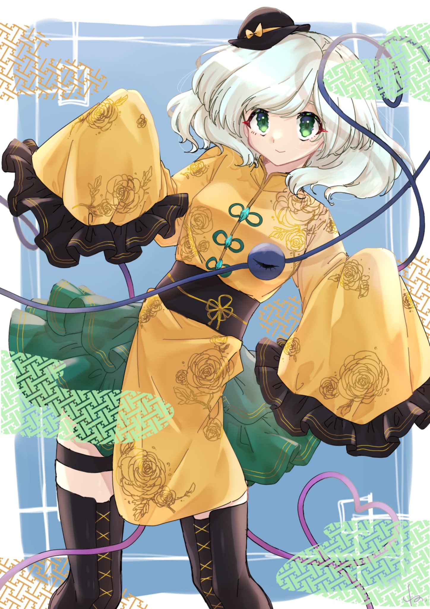 1girl alternate_costume boots chinese_clothes commentary_request cross-laced_footwear floral_print frilled_skirt frilled_sleeves frills green_eyes green_skirt hair_between_eyes hat heart heart_of_string highres komeiji_koishi komori_(komo_ricecake) long_sleeves looking_at_viewer mini_hat miniskirt obi rose_print sash shiny shiny_hair shirt short_hair silver_hair skirt sleeves_past_wrists smile solo thigh-highs thigh_boots third_eye touhou wide_sleeves yellow_shirt