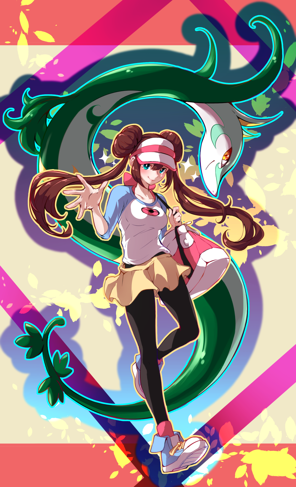 1girl akihorisu bag bangs black_legwear blush bow breasts brown_hair closed_mouth commentary_request double_bun floating_hair handbag highres leg_up legwear_under_shorts long_hair looking_at_viewer outline pantyhose pink_bow pokemon pokemon_(creature) pokemon_(game) pokemon_bw2 raglan_sleeves rosa_(pokemon) serperior shirt shoes short_shorts shorts smile sneakers sparkle spread_fingers twintails visor_cap yellow_shorts