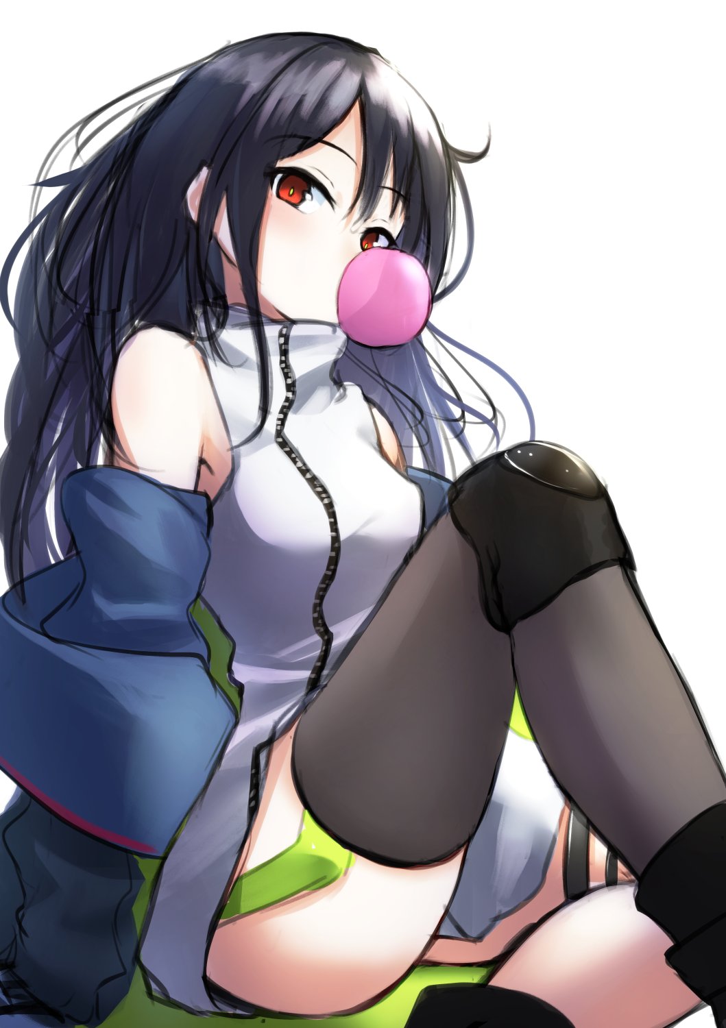 1girl black_hair black_legwear blue_jacket breasts c-ms_(girls'_frontline) chewing_gum eyebrows_visible_through_hair girls_frontline hand_on_floor highres jacket jacket_pull lodbyy long_hair looking_at_viewer open_clothes open_jacket red_eyes shirt sitting solo thigh-highs white_background white_shirt