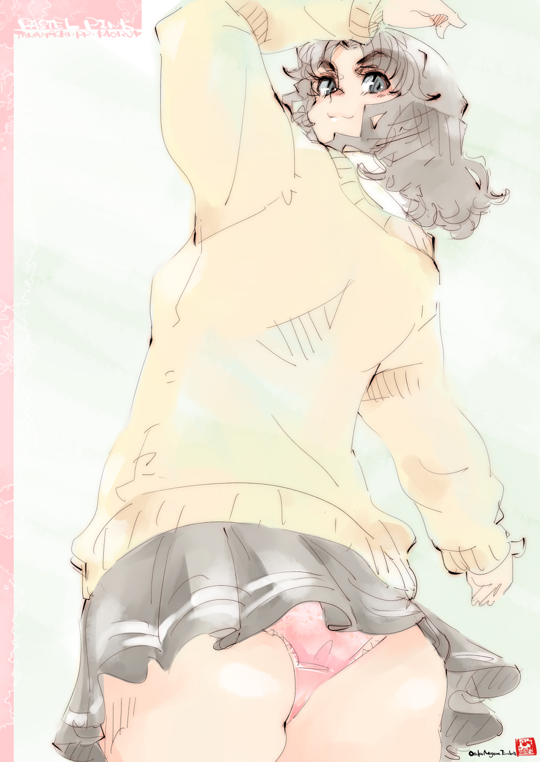 1girl amagami black_eyes black_hair collared_shirt from_behind highres kibito_high_school_uniform looking_back messy_hair mike156 panties pantyshot pink_panties pleated_skirt school_uniform shirt sketch skirt solo sweater tanamachi_kaoru underwear wavy_hair