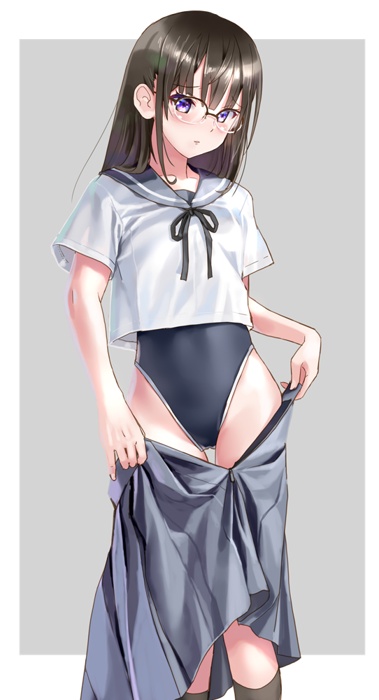 1girl bangs black_hair black_swimsuit blunt_bangs border clothes_removed competition_swimsuit feet_out_of_frame flat_chest glasses grey_background grey_sailor_collar grey_skirt katahira_masashi long_hair looking_at_viewer neck_ribbon one-piece_swimsuit original pleated_skirt ribbon sailor_collar sailor_shirt school_uniform serafuku shirt skirt solo standing swimsuit swimsuit_under_clothes two-tone_background undressing violet_eyes white_border