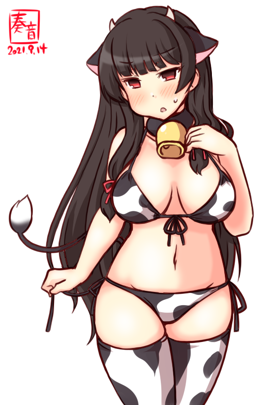 1girl alternate_costume animal_ears animal_print artist_logo bell bikini black_hair breasts commentary_request cow_ears cow_horns cow_print cow_tail cowbell cowboy_shot dated fake_animal_ears fake_horns front-tie_top hair_ribbon horns isokaze_(kancolle) kanon_(kurogane_knights) kantai_collection large_breasts long_hair looking_at_viewer one-hour_drawing_challenge red_eyes ribbon side-tie_bikini simple_background solo swimsuit tail thigh-highs tress_ribbon white_background white_bikini white_legwear