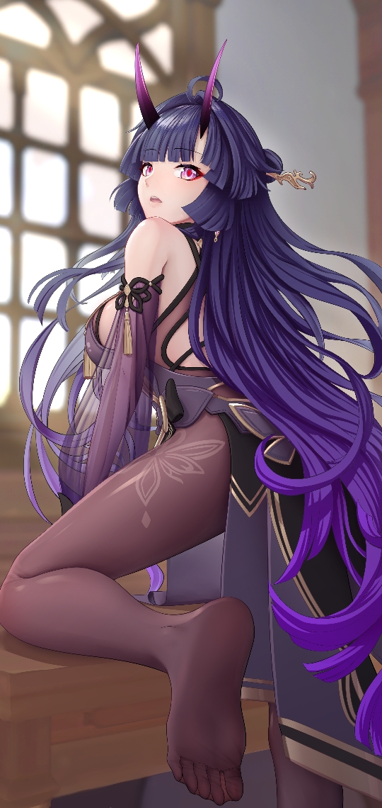 1girl 3d :o back bare_shoulders breasts chinese_clothes elbow_gloves feet gloves hair_between_eyes hair_ornament honkai_(series) honkai_impact_3rd horns indoors long_hair looking_at_viewer looking_back no_shoes open_mouth purple_gloves purple_hair purple_legwear raiden_mei raiden_mei_(herrscher_of_thunder) sideboob soles solo table toes violet_eyes window youtuou