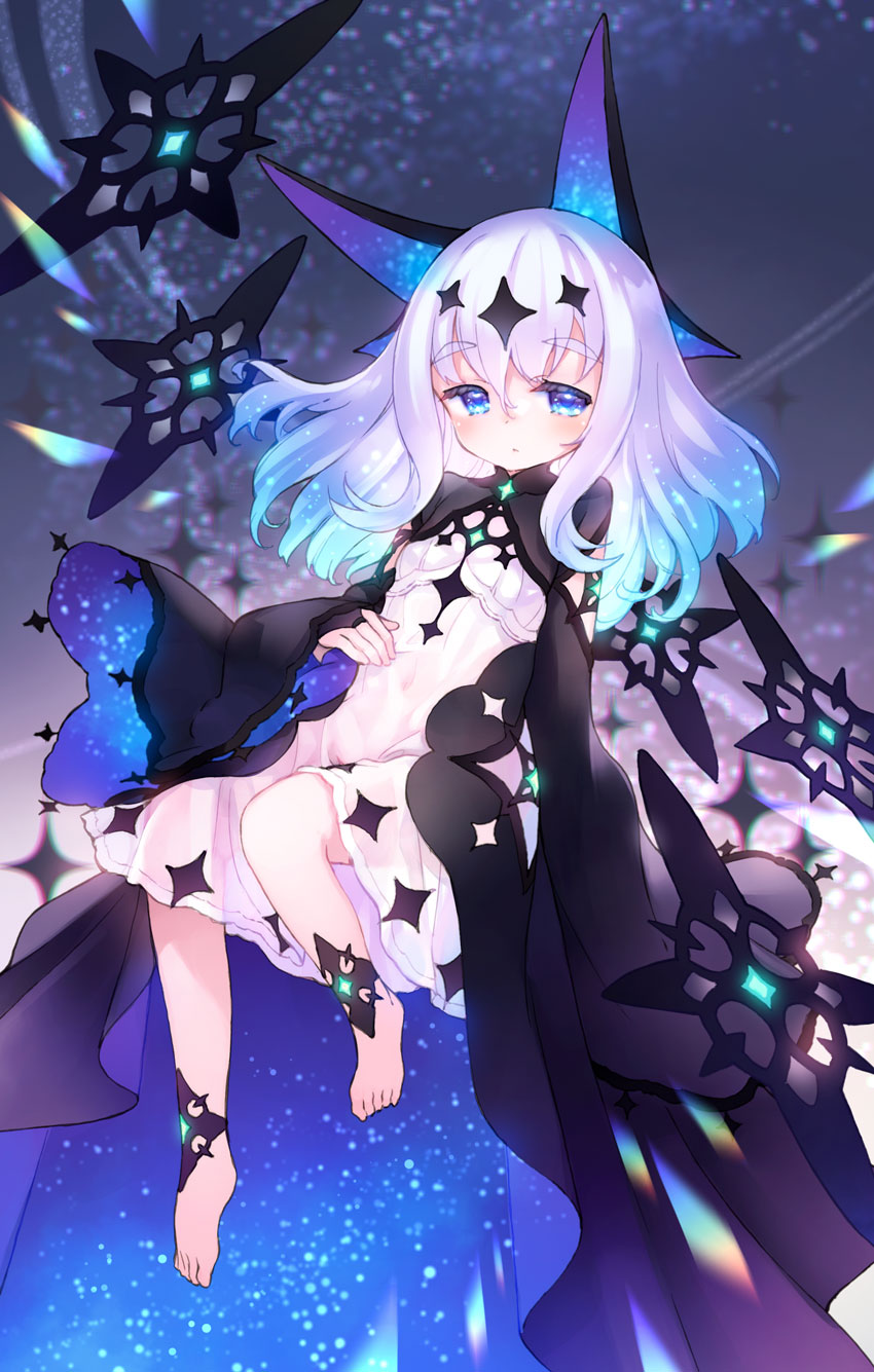 1girl :o barefoot blue_eyes blue_hair blush commentary covered_navel dress full_body gradient_hair highres kito_(sorahate) long_hair long_sleeves looking_at_viewer multicolored_hair original parted_lips sleeves_past_wrists solo thick_eyebrows white_dress white_hair wide_sleeves