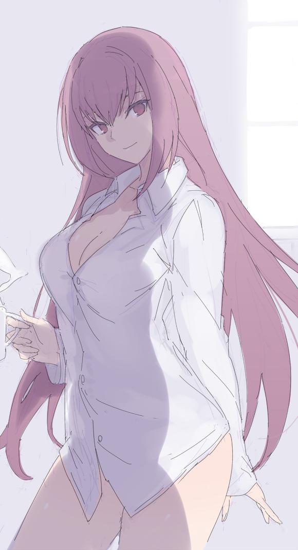 1girl ass bangs bare_legs breasts cup eyebrows_behind_hair eyebrows_visible_through_hair fate/grand_order fate_(series) hair_between_eyes holding holding_cup long_hair looking_at_viewer mobu purple_hair scathach_(fate) shirt simple_background smile solo violet_eyes white_background