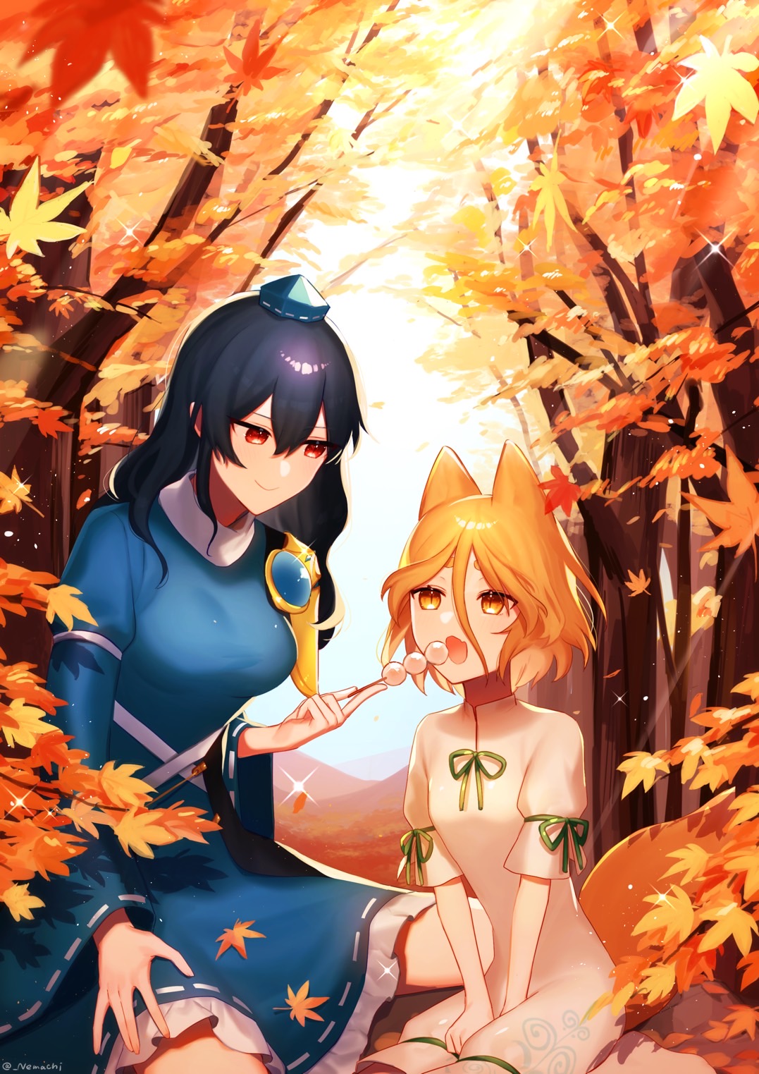 2girls animal_ears armor autumn_leaves blonde_hair branch breasts dango dark_blue_hair fang food fox_ears fox_tail hair_between_eyes hat highres iizunamaru_megumu jumpsuit kudamaki_tsukasa large_breasts lens_flare long_hair long_sleeves looking_at_another multiple_girls nemachi red_eyes seiza short_sleeves shoulder_armor sitting sleeveless_coat slit_pupils smile tail tokin_hat touhou tree wagashi white_jumpsuit yellow_eyes