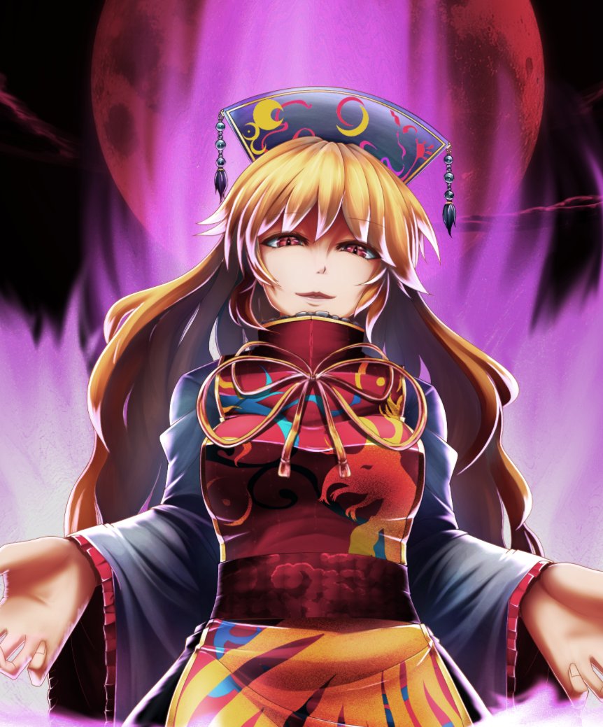 1girl aura blonde_hair breasts chinese_clothes eyebrows_visible_through_hair fox_print frilled_sleeves frills hair_between_eyes high_heels junko_(touhou) kikoka_(mizuumi) large_breasts lips long_hair long_sleeves looking_at_viewer moon outstretched_arms phoenix_crown red_eyes red_moon sash slit_pupils solo standing tabard tassel touhou wide_sleeves yellow_neckwear