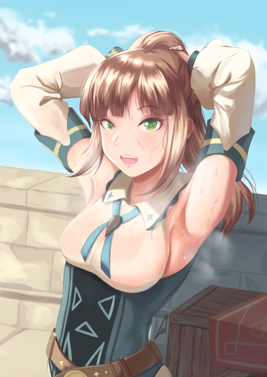 1girl armpits arms_up belt blue_sky box brown_hair character_request clouds collar crate detached_sleeves eyebrows_visible_through_hair genshin_impact green_eyes highres looking_at_viewer open_mouth outdoors ponytail sky steam stone_wall sweat sweaty_clothes upper_teeth wall weiphe wet wet_clothes