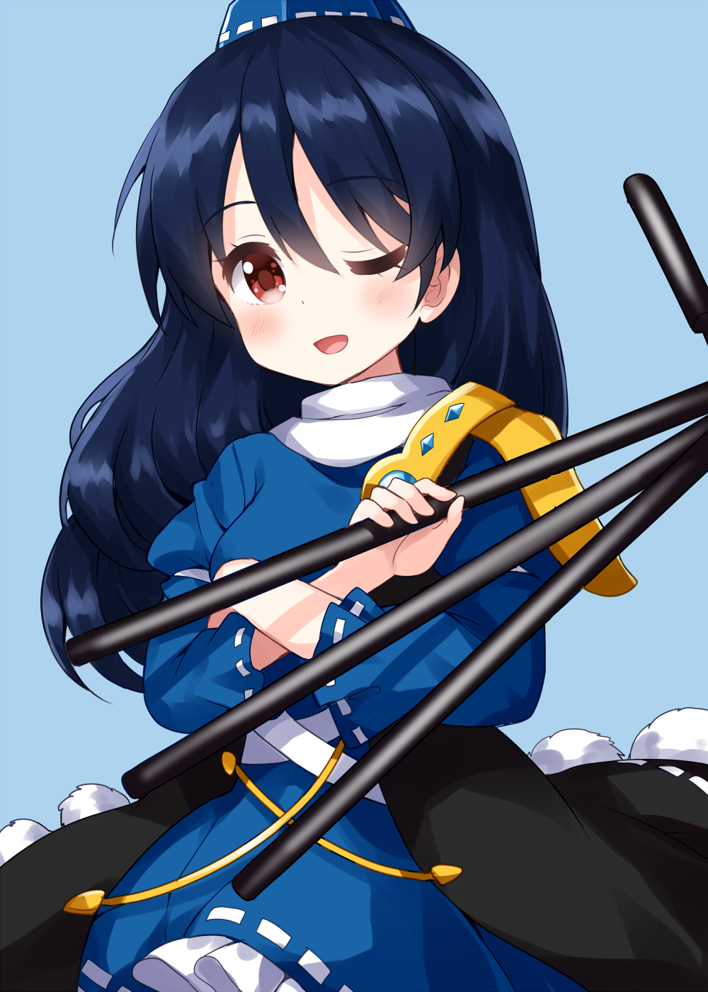 1girl ;d bangs blue_background blue_dress blue_hair blue_headwear brown_eyes cowboy_shot crossed_arms dress eyebrows_visible_through_hair hat highres holding_tripod iizunamaru_megumu long_hair long_sleeves looking_at_viewer one_eye_closed open_mouth pom_pom_(clothes) ribbon-trimmed_dress ribbon-trimmed_headwear ribbon_trim ruu_(tksymkw) shoulder_guard simple_background sleeveless_coat smile solo standing tokin_hat touhou tripod