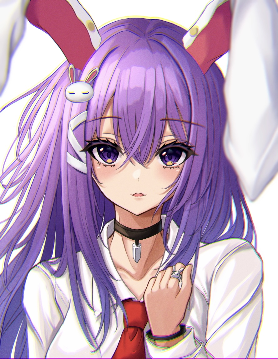 .me 1girl animal_ears bangle bangs blush bracelet bunny_hair_ornament choker commentary_request eyebrows_visible_through_hair hair_between_eyes hair_ornament jewelry lips long_hair long_sleeves looking_at_viewer necktie purple_hair rabbit_ears red_neckwear reisen_udongein_inaba ring shirt solo touhou upper_body violet_eyes white_shirt