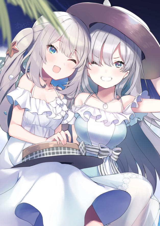 2girls ameshizuku_natsuki anastasia_(fate) anastasia_(swimsuit_archer)_(fate) blue_eyes dress fate/grand_order fate_(series) flower grin hat hat_removed headwear_removed jewelry long_hair marie_antoinette_(fate) marie_antoinette_(swimsuit_caster)_(fate) multiple_girls one_eye_closed pendant shell_hair_ornament smile starfish_hair_ornament straw_hat sundress twintails