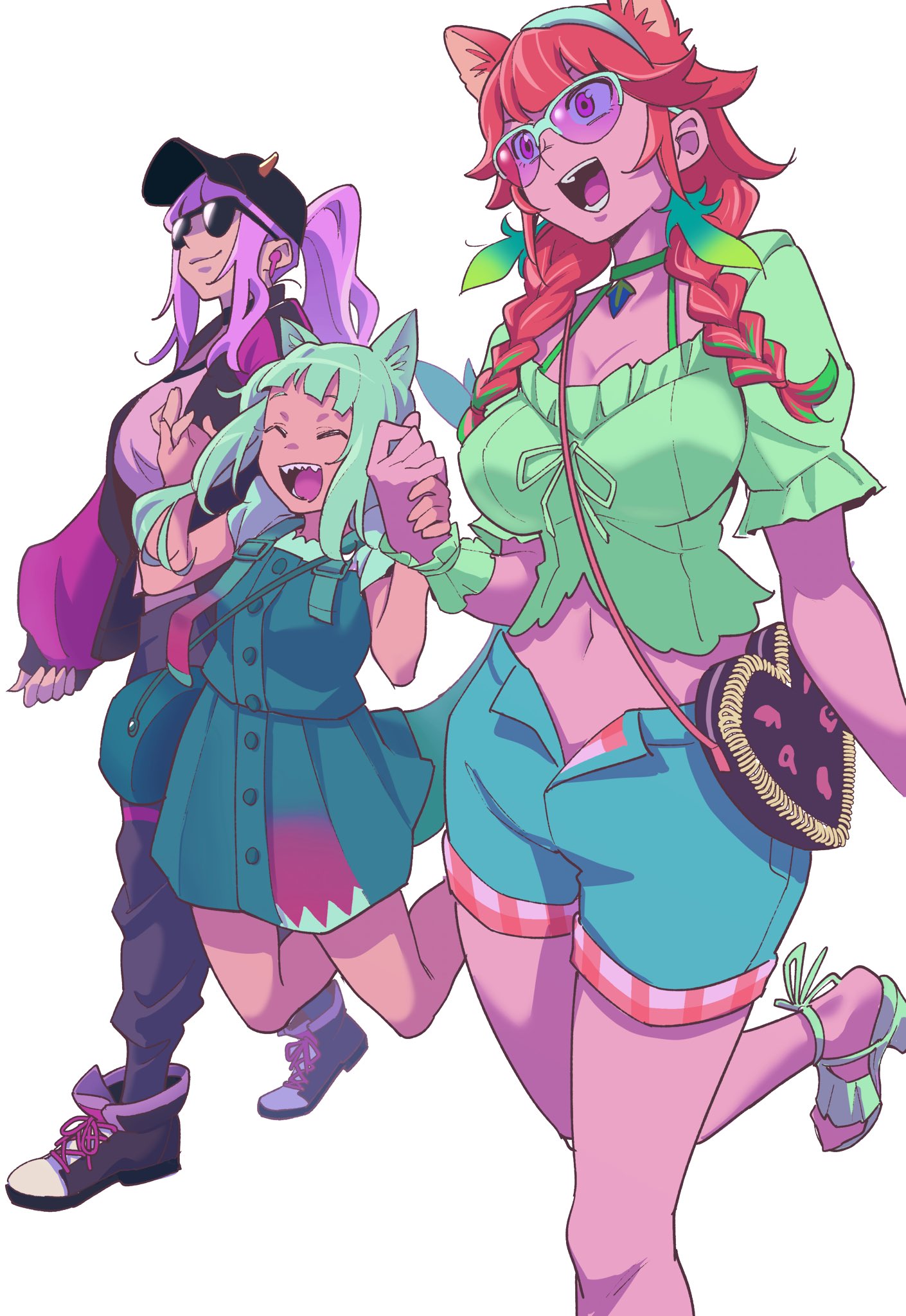 3girls animal_ears bangs baseball_cap blue_hair blunt_bangs cat_ears choker couple earrings family feather_earrings feathers fish_tail gawr_gura gradient_hair hand_grab hat highres holding_hands hololive hololive_english jewelry long_hair medium_hair mori_calliope mother_and_daughter multicolored_hair multiple_girls murakumota official_alternate_costume open_mouth orange_hair shark_girl shark_tail sharp_teeth smile sunglasses tail takanashi_kiara teeth track_suit two_side_up virtual_youtuber wife_and_wife yuri