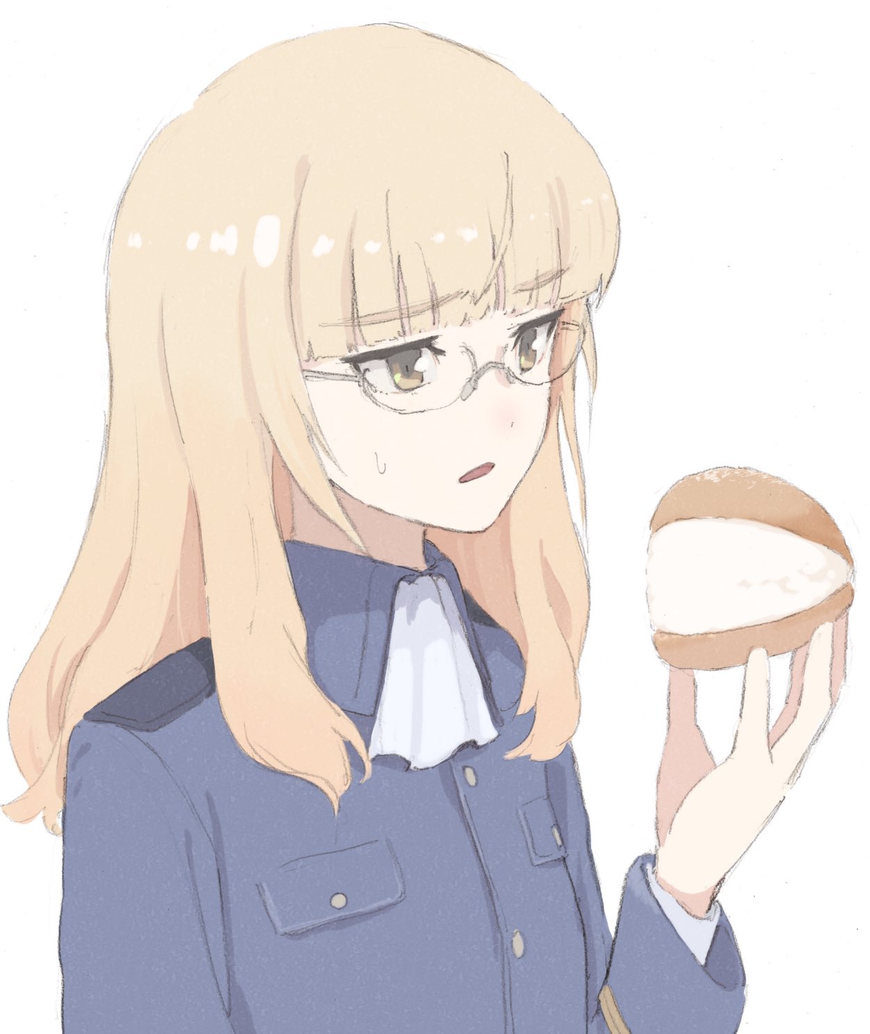 1girl bangs blonde_hair blue_jacket brown_eyes buttons commentary eyebrows_visible_through_hair food glasses hand_up highres jacket long_sleeves looking_to_the_side medium_hair open_mouth perrine_h._clostermann pocket shiratama_(hockey) shirt simple_background solo strike_witches white_background white_shirt world_witches_series yellow_eyes