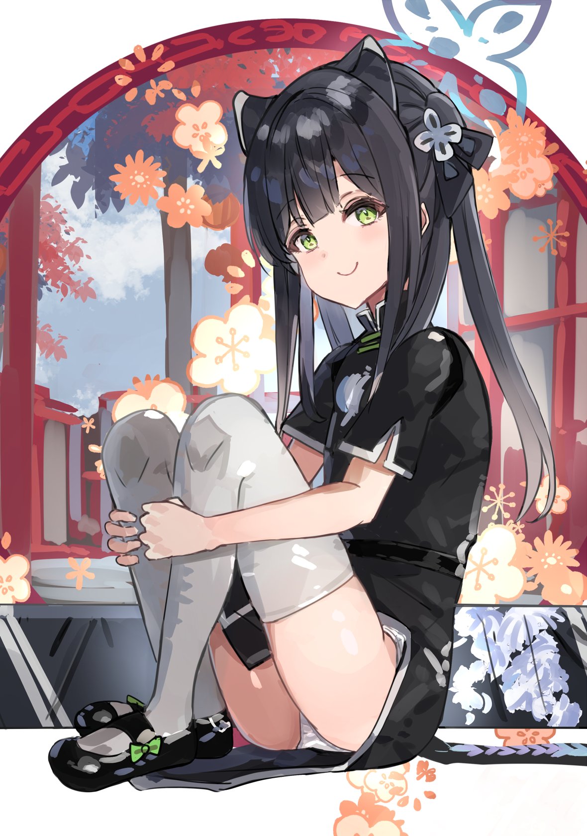 1girl animal_ears bangs black_dress black_footwear blue_archive blunt_bangs china_dress chinese_clothes dress green_eyes highres knees_up legs long_hair mary_janes panties shoes short_sleeves shun_(blue_archive) sitting smile solo the_olphy thigh-highs thighs tiger_ears tiger_girl twintails underwear weapon_case white_legwear white_panties