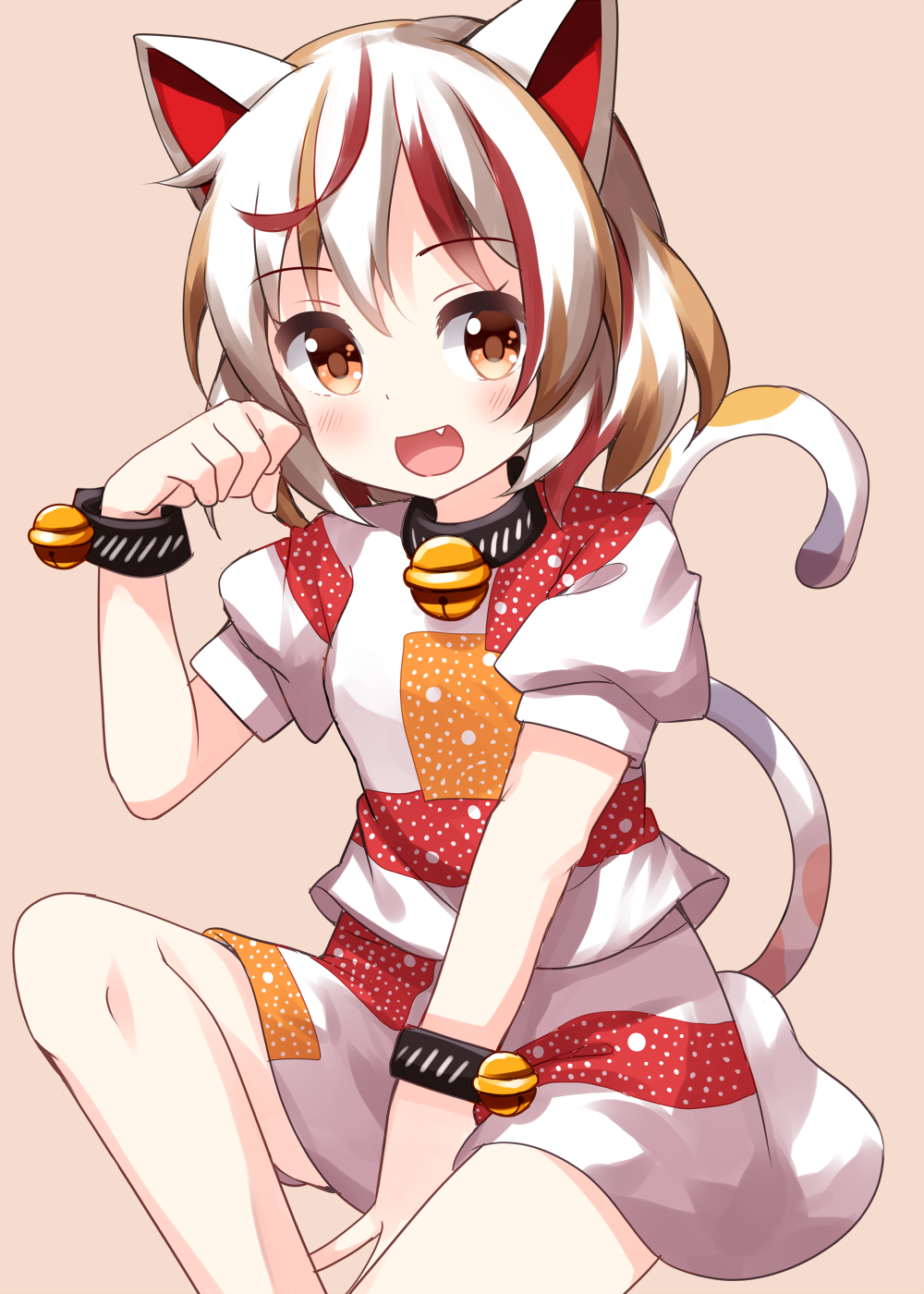 1girl :d animal_ears bangs bell between_legs brown_background brown_hair calico cat_ears cat_tail clenched_hand eyebrows_visible_through_hair fang goutokuji_mike hand_between_legs highres looking_at_viewer multicolored multicolored_clothes multicolored_hair multicolored_shirt multicolored_skirt multicolored_tail neck_bell open_mouth orange_eyes orange_hair puffy_short_sleeves puffy_sleeves ruu_(tksymkw) short_hair short_sleeves simple_background skirt smile solo streaked_hair tail touhou white_hair