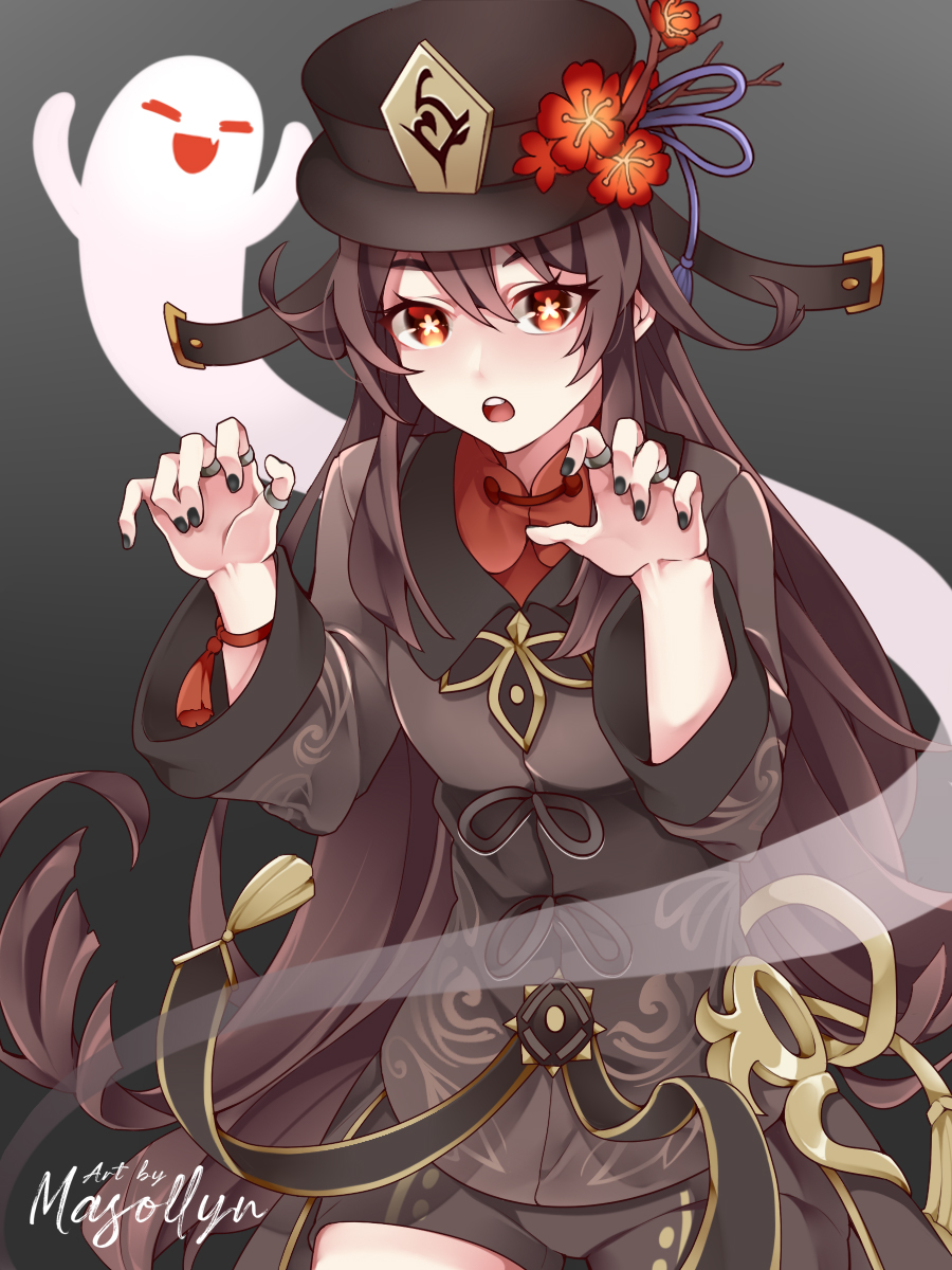 1girl :d :o artist_name bangs black_background black_nails black_shorts brown_hair chinese_clothes commentary commentary_request english_commentary eyebrows_visible_through_hair flower genshin_impact ghost ghost_pose hair_between_eyes hat hat_flower hat_ornament highres hu_tao_(genshin_impact) jewelry long_hair long_sleeves looking_at_viewer masollyn open_mouth orange_eyes ring shorts sidelocks signature simple_background smile solo symbol-shaped_pupils twintails