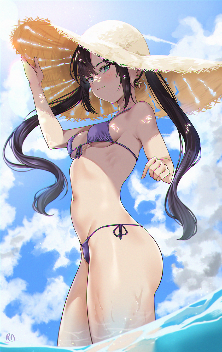 1girl :3 asymmetrical_bangs bangs bare_arms bare_shoulders bikini black_hair blue_sky blush breasts closed_mouth clouds cowboy_shot dappled_sunlight day earrings front-tie_bikini front-tie_top genshin_impact green_eyes hand_on_headwear hat highres jewelry long_hair looking_at_viewer medium_breasts mona_(genshin_impact) navel outdoors purple_bikini purple_ribbon ribbon ryudraw side-tie_bikini sidelocks signature sky smile solo straw_hat sunlight swimsuit symbol-only_commentary thighs twintails under_boob very_long_hair water yellow_headwear