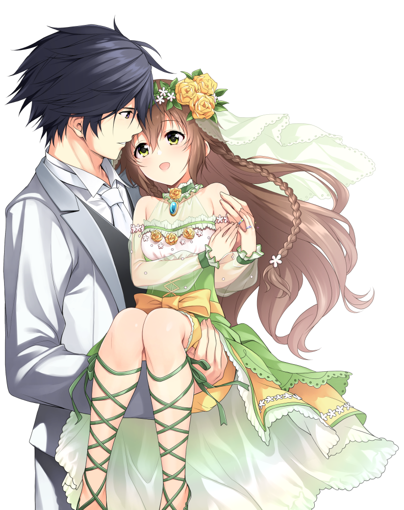 1boy 1girl :d ankle_lace-up bangs bare_shoulders black_hair braid bride brooch brown_hair carrying detached_sleeves dress eiyuu_densetsu eye_contact flower formal green_dress green_eyes groom hair_between_eyes hair_flower hair_ornament hakuleg happy hetero husband_and_wife jewelry long_hair looking_at_another open_mouth petite princess_carry rean_schwarzer ring see-through_sleeves sen_no_kiseki simple_background smile suit towa_herschel veil very_long_hair wedding_band white_background white_suit