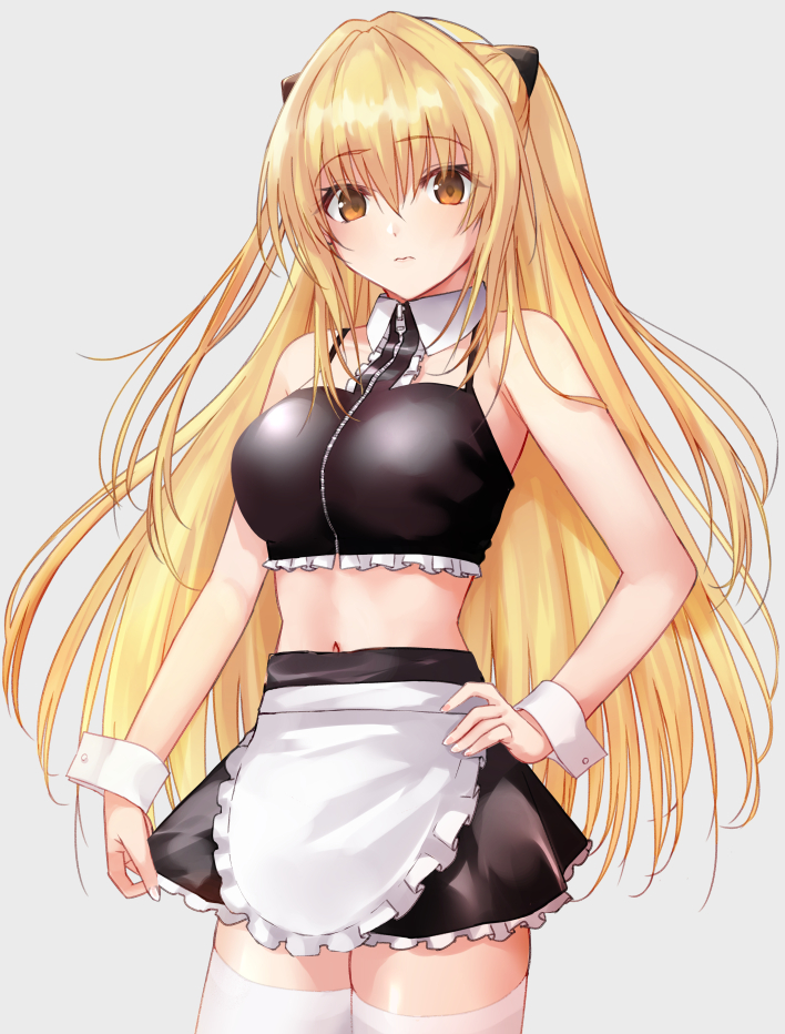1girl alternate_breast_size black_skirt blonde_hair breasts brown_eyes clothes_pull crop_top eyebrows_visible_through_hair hand_on_hip konjiki_no_yami large_breasts lips long_hair looking_at_viewer maid mexif navel skirt skirt_pull solo thigh-highs to_love-ru to_love-ru_darkness white_legwear wrist_cuffs zipper zipper_pull_tab
