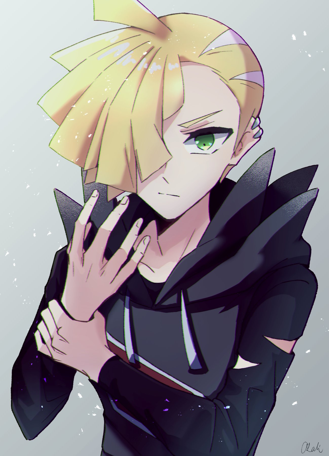 1boy blonde_hair closed_mouth collarbone commentary_request ear_piercing fingernails gladion_(pokemon) green_eyes grey_background hair_over_one_eye hands_up highres hood hood_down hoodie looking_at_viewer male_focus piercing pokemon pokemon_(game) pokemon_sm short_hair signature solo tere_asahi torn_hoodie upper_body