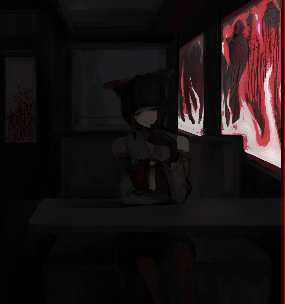 1girl 833_(cookie) bangs black_gloves black_hair blood blood_splatter booth_seating bow closed_eyes closed_mouth cookie_(touhou) detached_sleeves feet_out_of_frame gloves hair_bow hair_tubes hakurei_reimu highres indoors medium_hair necktie on_(_l0_) red_bow red_shirt red_skirt red_theme ribbon-trimmed_sleeves ribbon_trim shirt sitting skirt sleeveless sleeveless_shirt smile solo touhou white_sleeves window yellow_neckwear